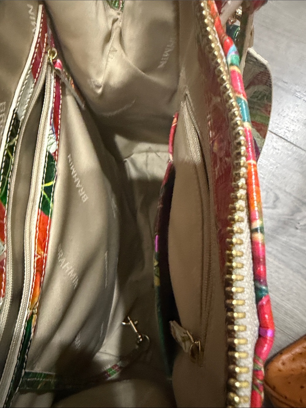 Brahmin Multicolor Floral Croc-Embossed Satchel in Green, Pink and Red - Picture 3 of 3
